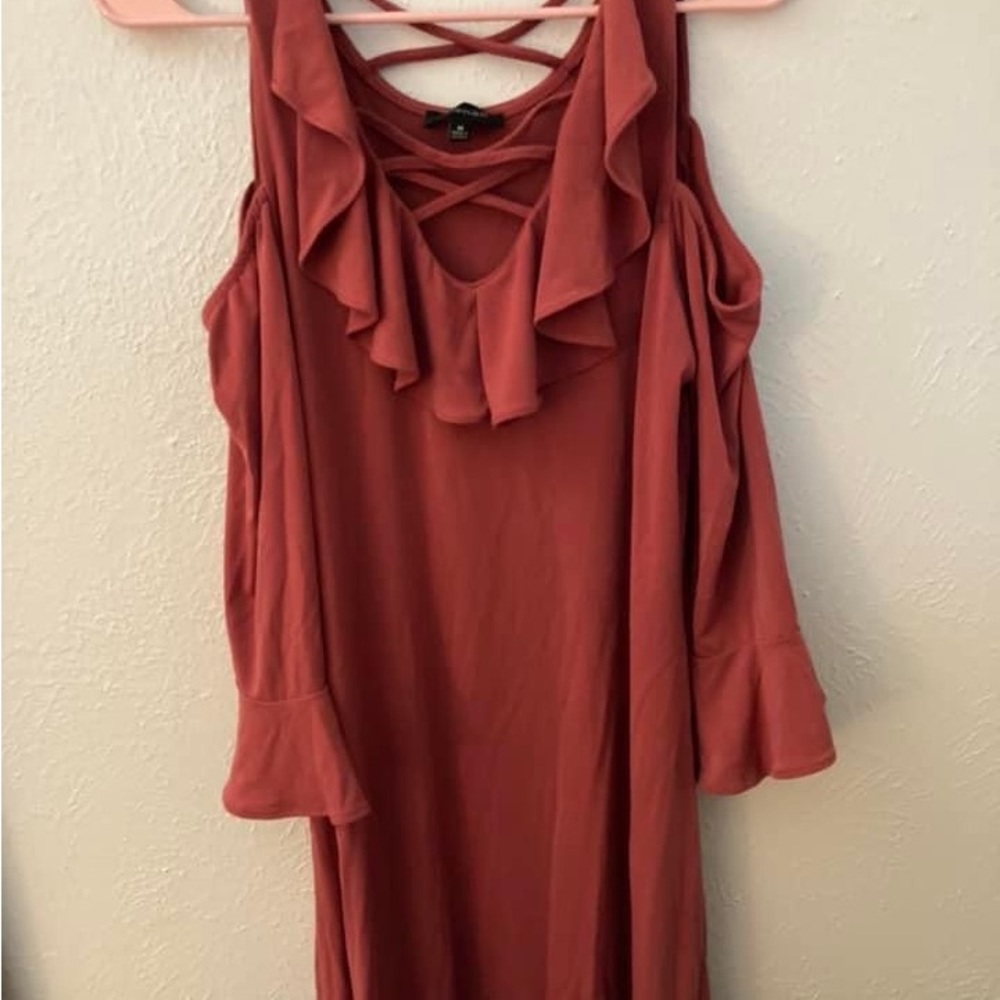 Pink cold shoulder dress with ruffle detail